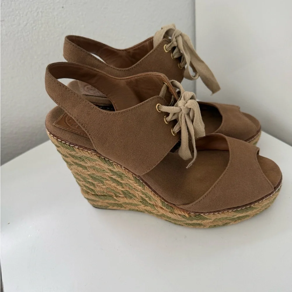 Tory Burch Linley Lace Up Espadrille Wedge in Black Size 9